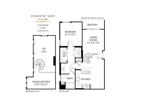 Floor plan for 1 bed, 1 bath, 1028 sqft